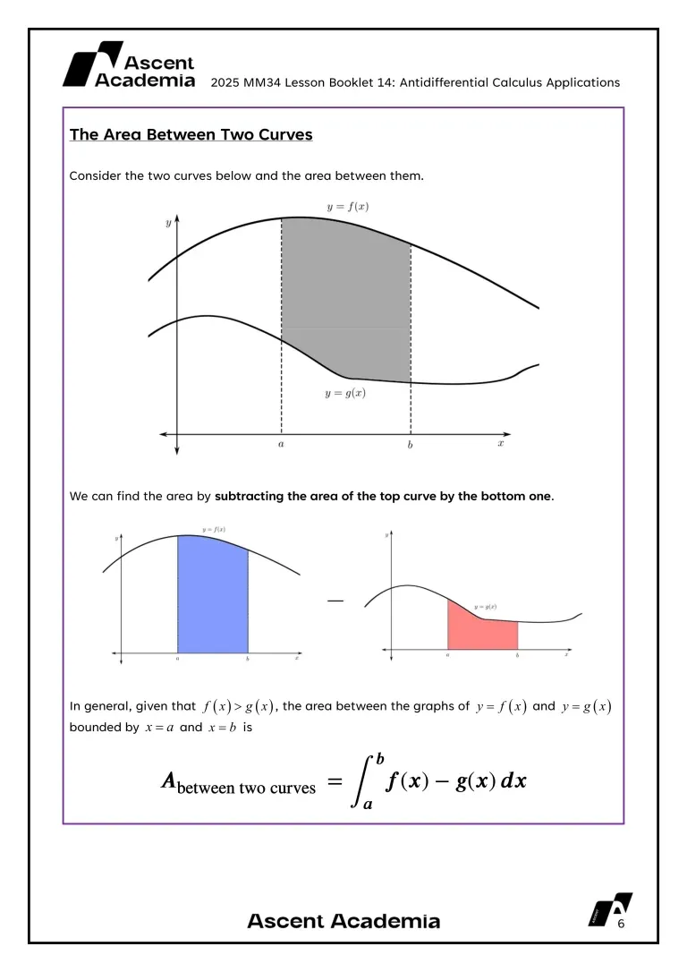 Methods 3/4 booklet notes on the area between two curves